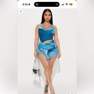 Blue cut out mesh mini dress
